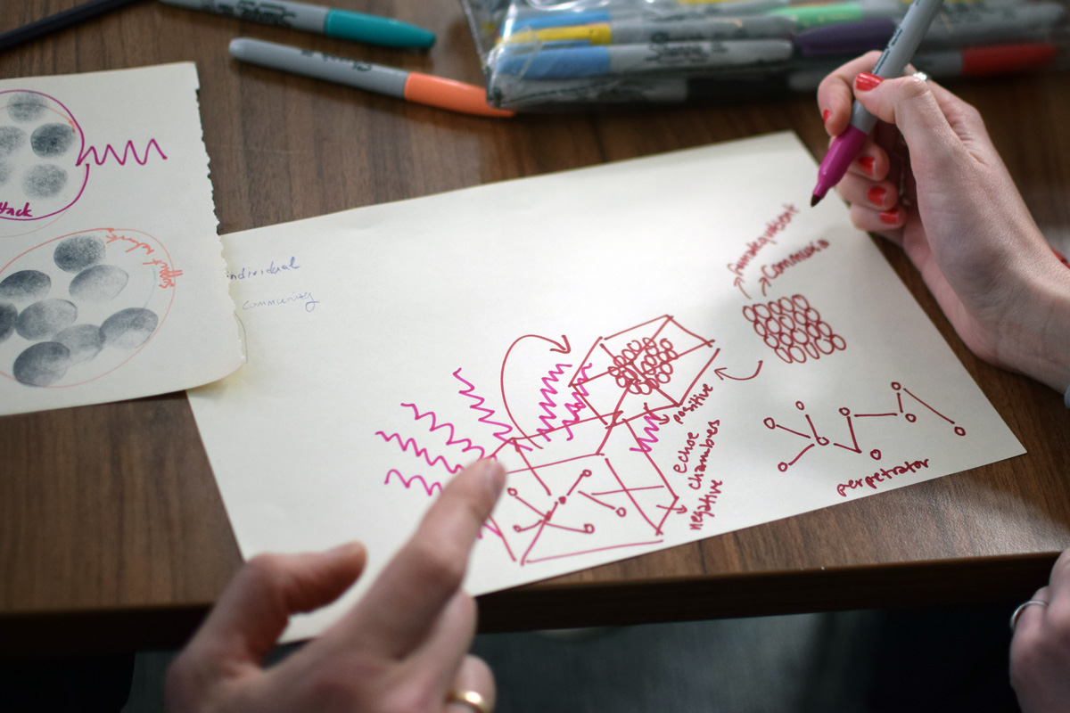 hands using block print and pen to create a coded diagram