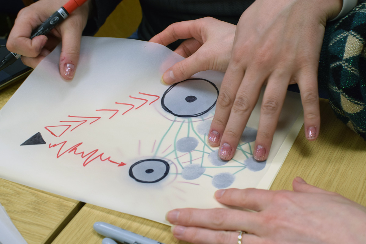 hands using block print and pen to create a coded diagram