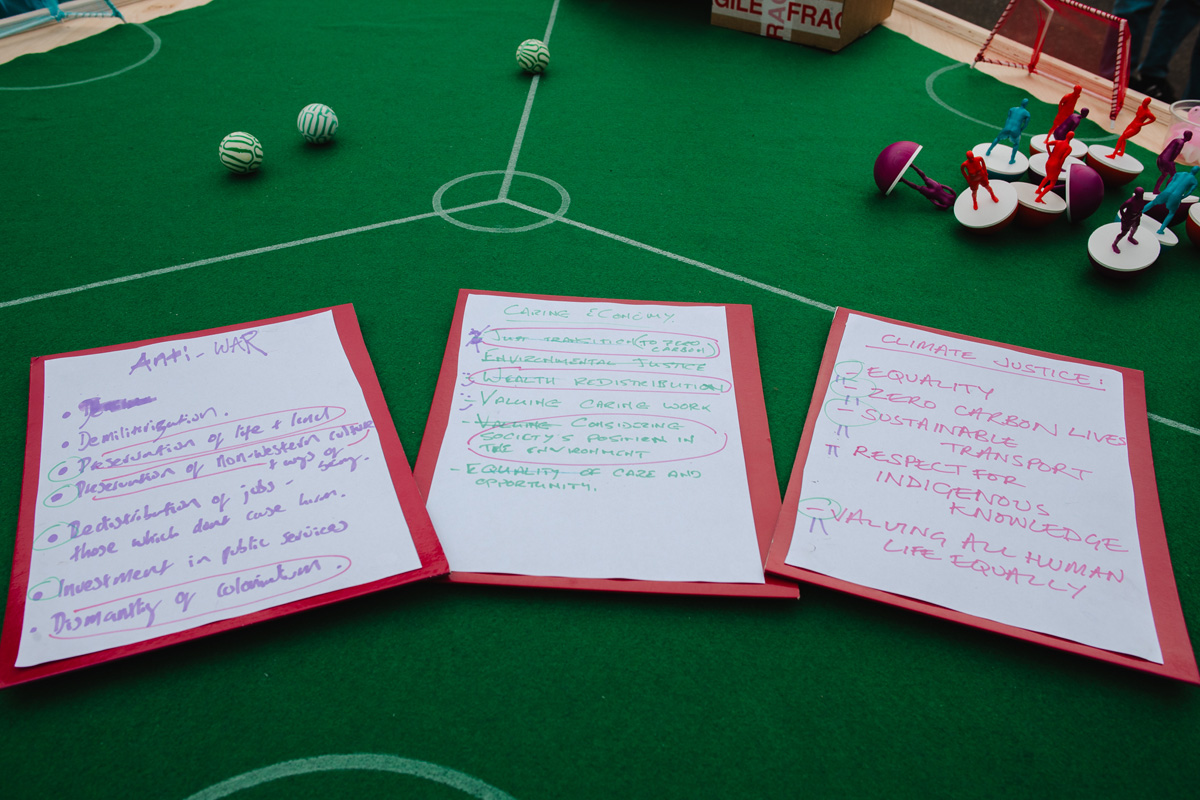 people playing feminist tabletop football with subbuteo-style women and non-binary 3d printed footballers on green felt