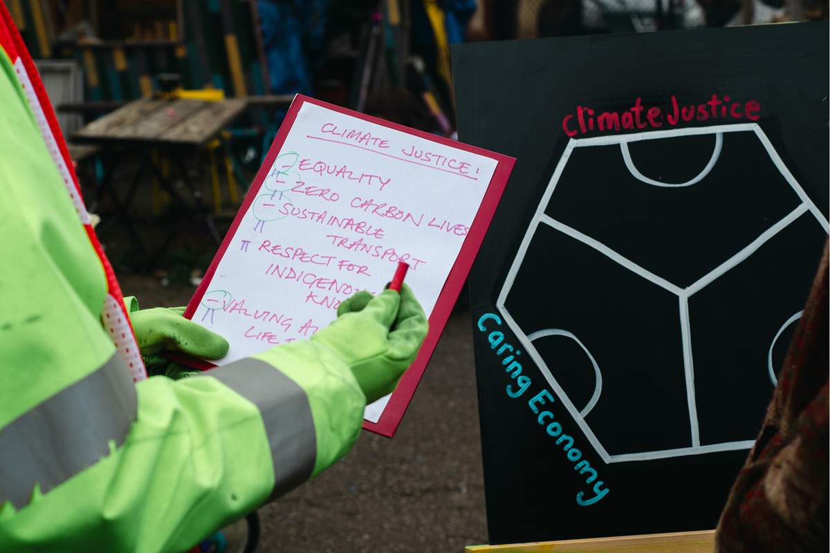 people playing feminist tabletop football with subbuteo-style women and non-binary 3d printed footballers on green felt