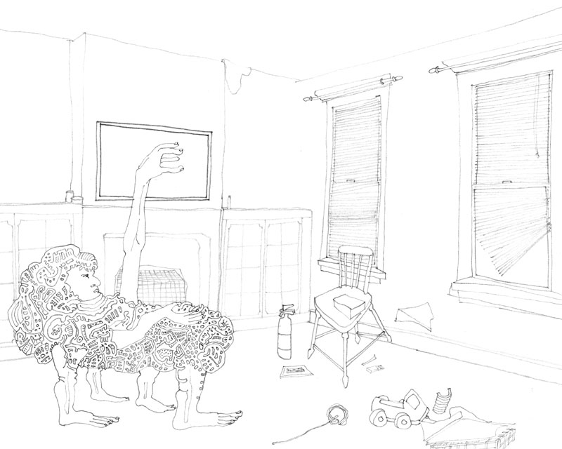 posthuman in bedroom holding baby